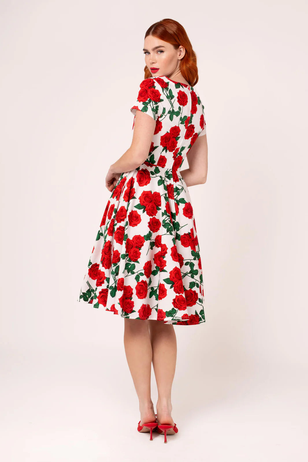 Dolce Vita Rose Print 1950s Cotton Dress with Pockets by Hell Bunny - Lemonie Boutique