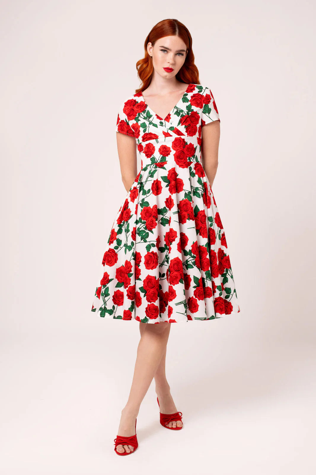 Dolce Vita Rose Print 1950s Cotton Dress with Pockets by Hell Bunny - Lemonie Boutique