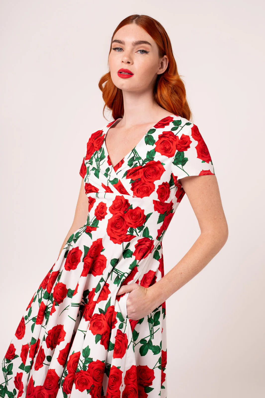 Dolce Vita Rose Print 1950s Cotton Dress with Pockets by Hell Bunny - Lemonie Boutique