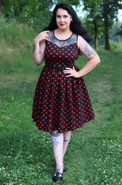 Elizabeth Vintage Swing Dress in Black/Red Polka by Dolly & Dotty