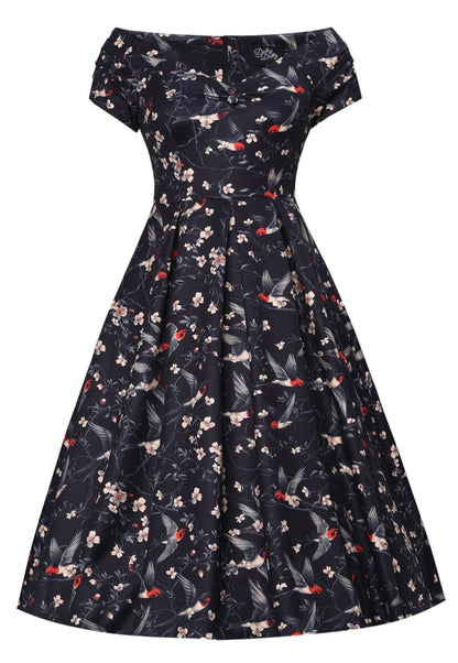 Lily Black Off Shoulder Swallow Print Dress by Dolly and Dotty