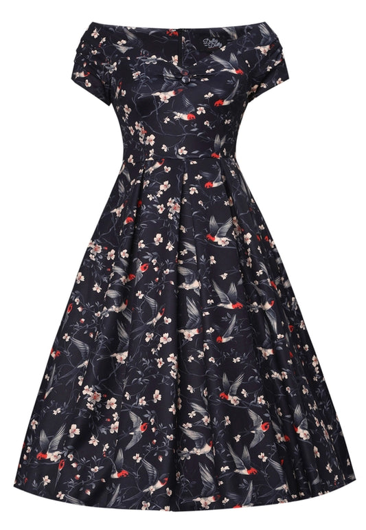 Lily Black Off Shoulder Swallow Print Dress by Dolly and Dotty