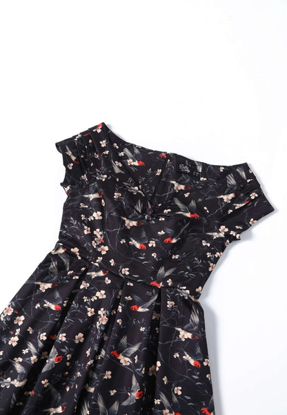 Lily Black Off Shoulder Swallow Print Dress by Dolly and Dotty