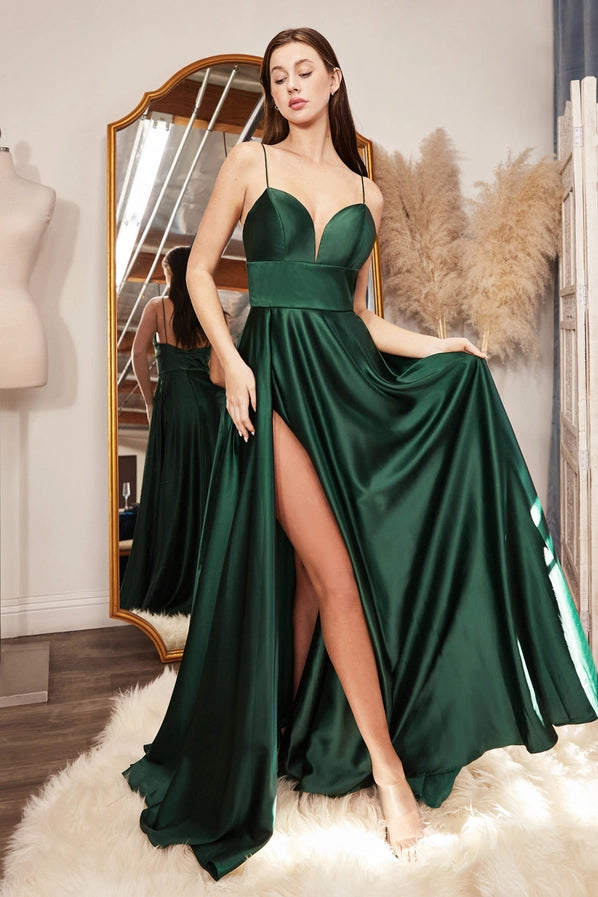 Eucalyptus Soft Satin A-Line Dress with Leg Slit & Sweetheart Neckline