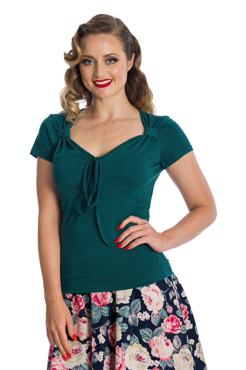 Danni Short Sleeve Stripe Top in Green by Banned