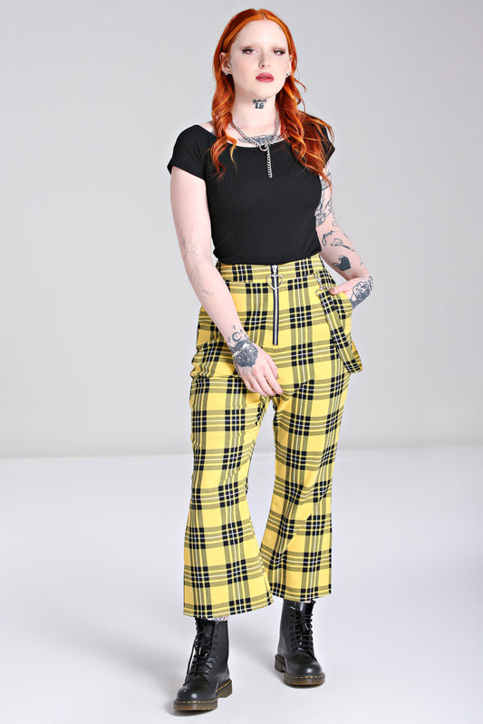 Corey Yellow Tartan Plaid Cropped Trousers by Hell Bunny