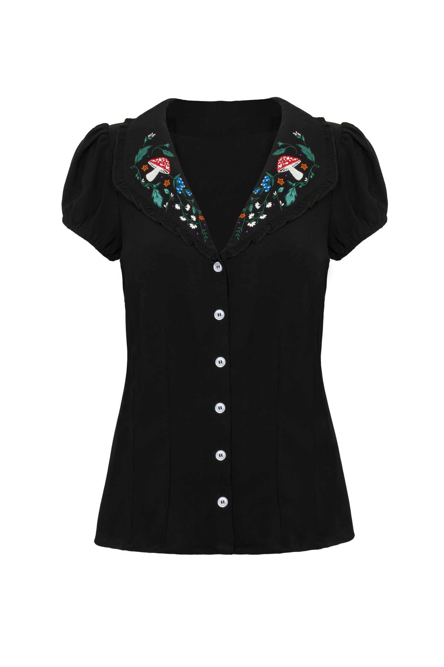 Black semi fitted blouse with embroidered collar and button front on a plain white background