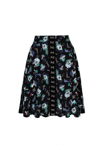 Black viscose mini skirt with hook and eye detail centre and a whimsical mushroom print all over.