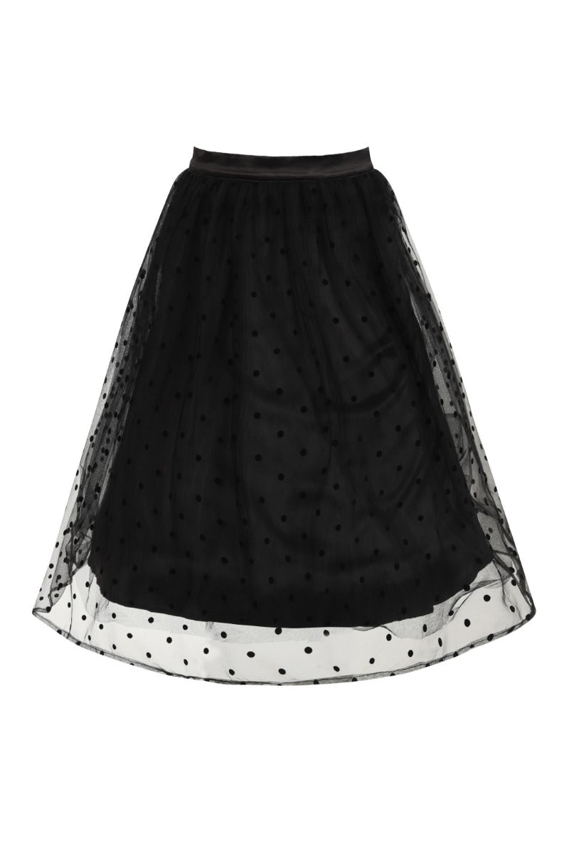 Black polka dot mesh knee length skirt