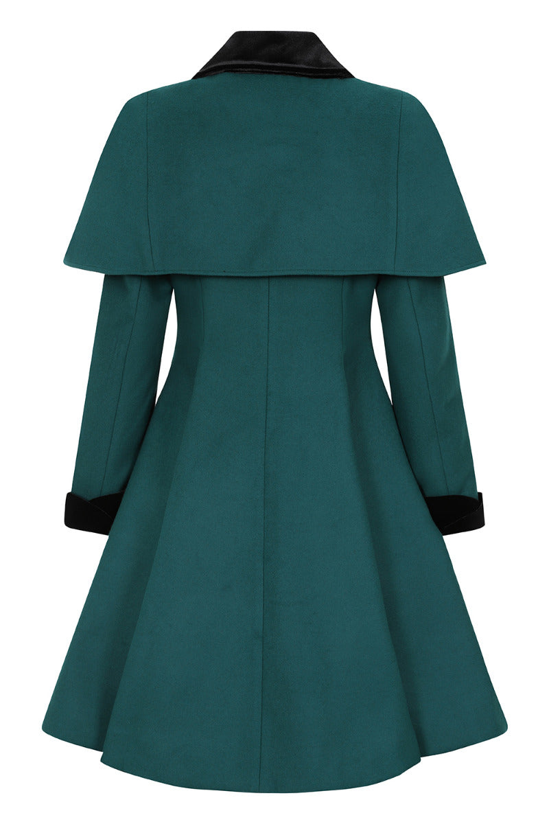 Green Anouk coat from the back, showing the removable matching cape and beautifully tailored seams