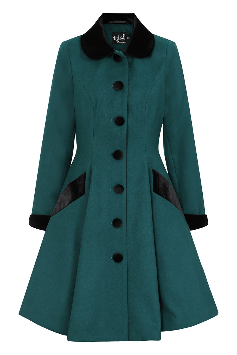 Front of the Anouk coat by Hell Bunny in dark green without the cape. 