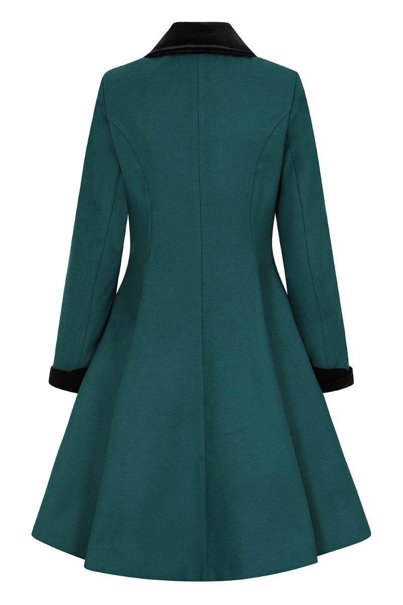 Back of the Anouk dark green vintage style coat by Hell Bunny without the cape