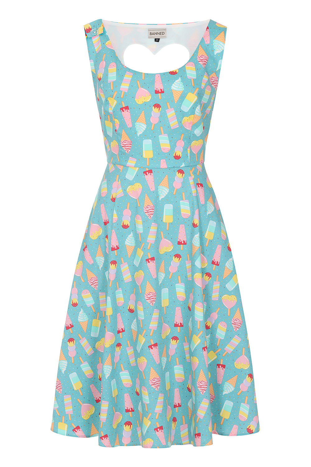 light blue sleeveless fit and flare dress with multicoloured ice cream print all over and a cut-out heart shape at the back. 