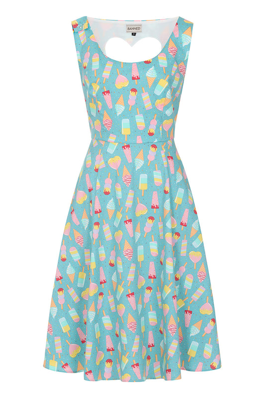 light blue sleeveless fit and flare dress with multicoloured ice cream print all over and a cut-out heart shape at the back. 