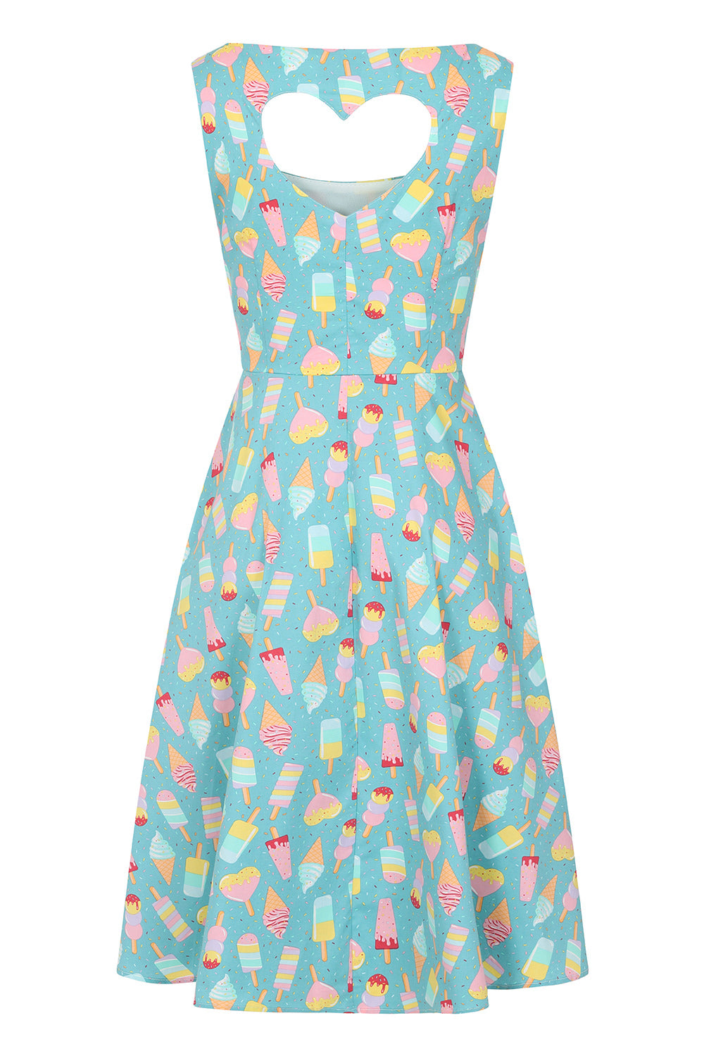 the back of the ice cream heart back dress by Banned against a plain white background