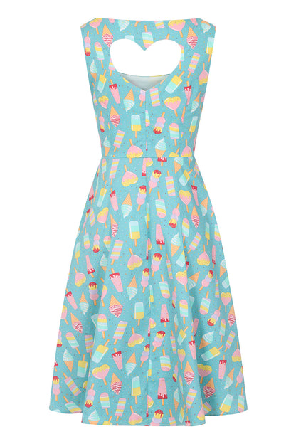 the back of the ice cream heart back dress by Banned against a plain white background