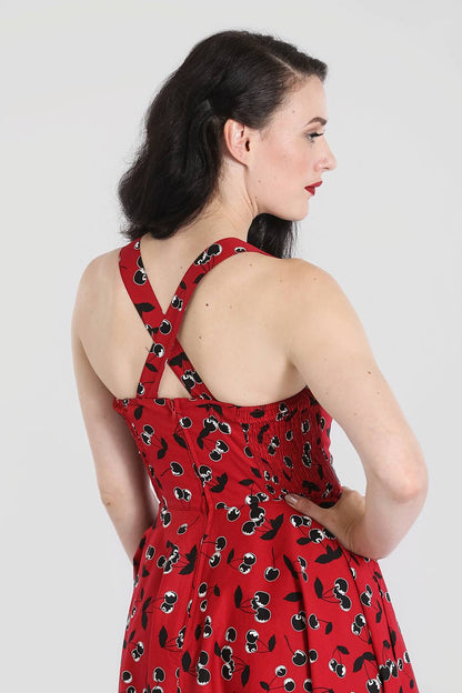 Alison Cherry Print Red Mid Dress by Hell Bunny