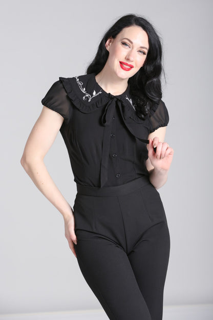 Ivie Black Blouse with Embroidered Collar by Hell Bunny