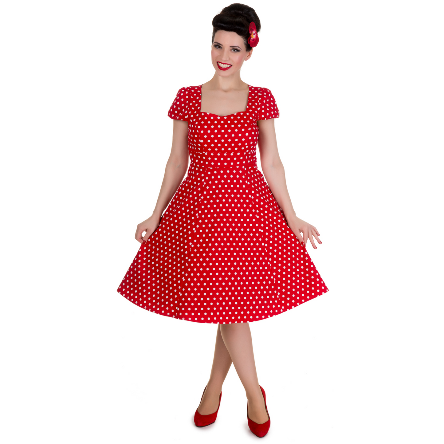 Claudia 50s Style Red and White Polka Swing Dress by Dolly & Dotty