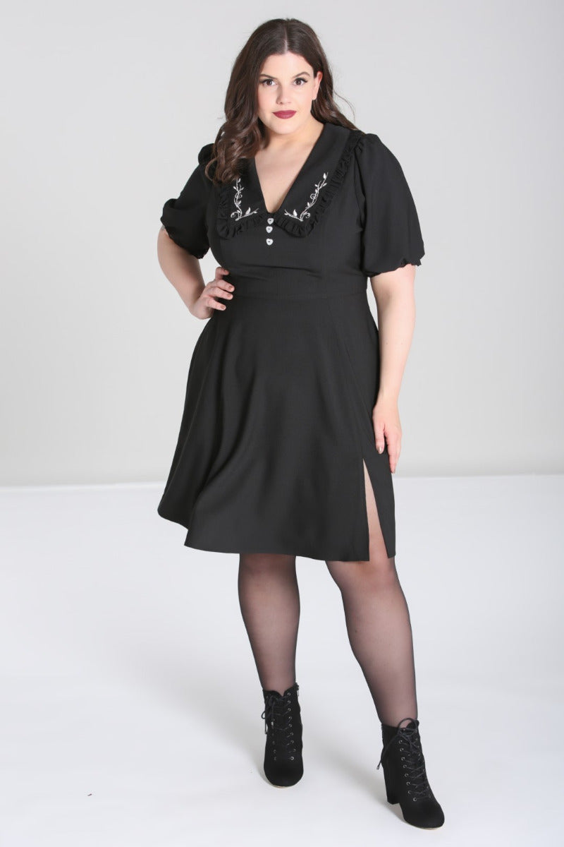 Ivie Black Mid Length Dress with Embroidered Detail Collar by Hell Bunny
