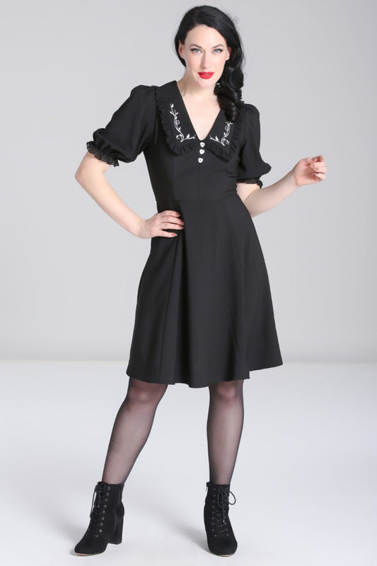 Ivie Black Mid Length Dress with Embroidered Detail Collar by Hell Bunny