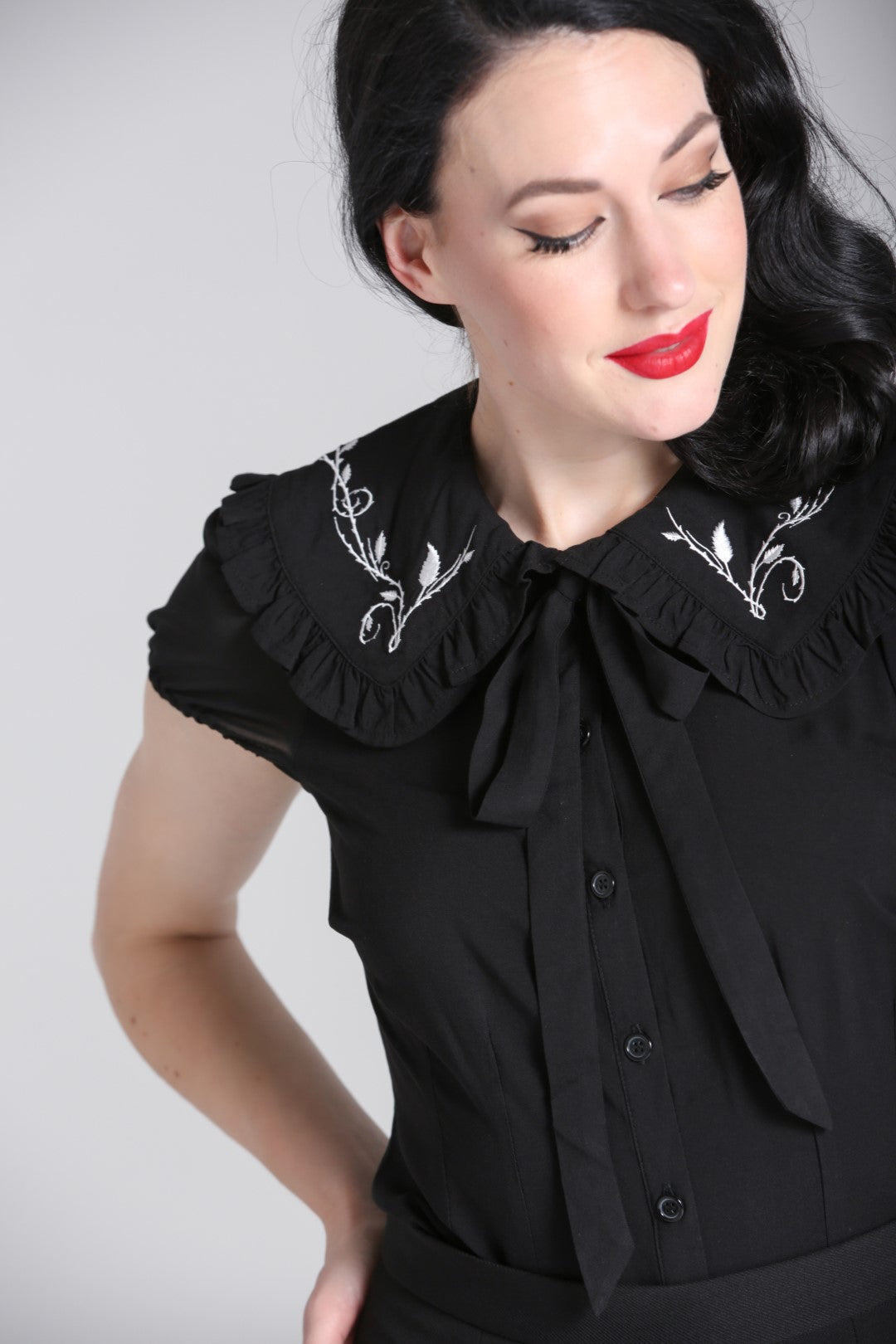 Ivie Black Blouse with Embroidered Collar by Hell Bunny