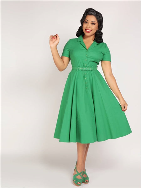 Caterina Vintage Plain Green Swing Dress by Collectif