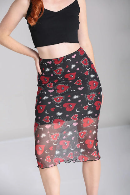 Kate Heart Print Mesh Pencil Skirt by Hell Bunny