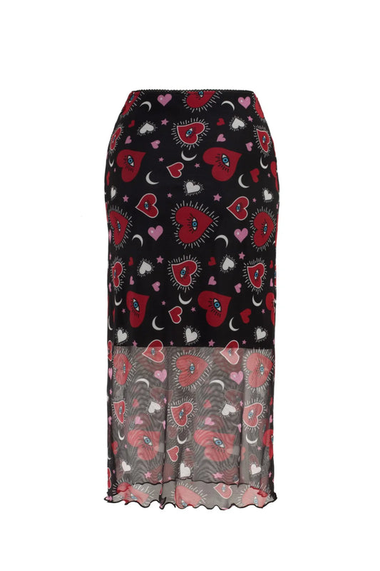 Kate Heart Print Mesh Pencil Skirt by Hell Bunny