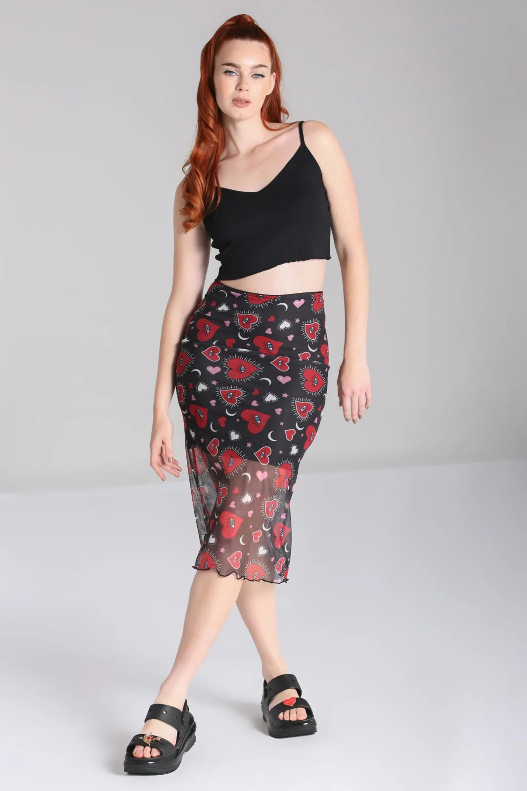 Kate Heart Print Mesh Pencil Skirt by Hell Bunny