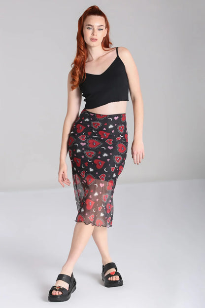 Kate Heart Print Mesh Pencil Skirt by Hell Bunny