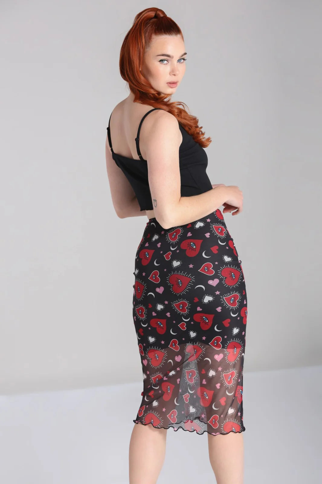 Kate Heart Print Mesh Pencil Skirt by Hell Bunny