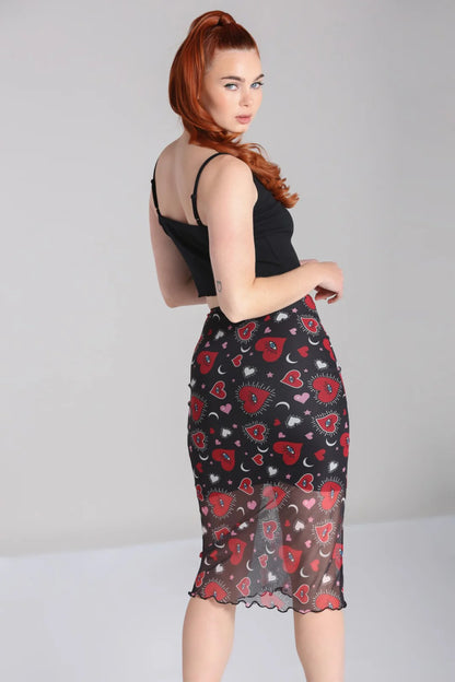 Kate Heart Print Mesh Pencil Skirt by Hell Bunny