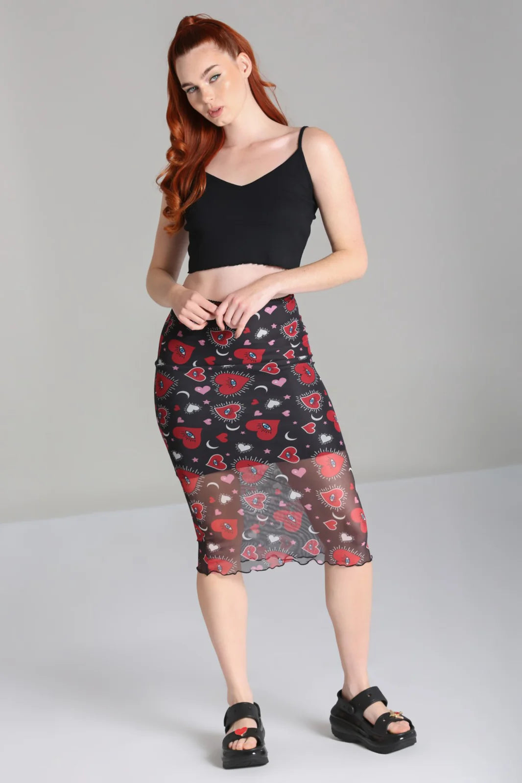 Kate Heart Print Mesh Pencil Skirt by Hell Bunny