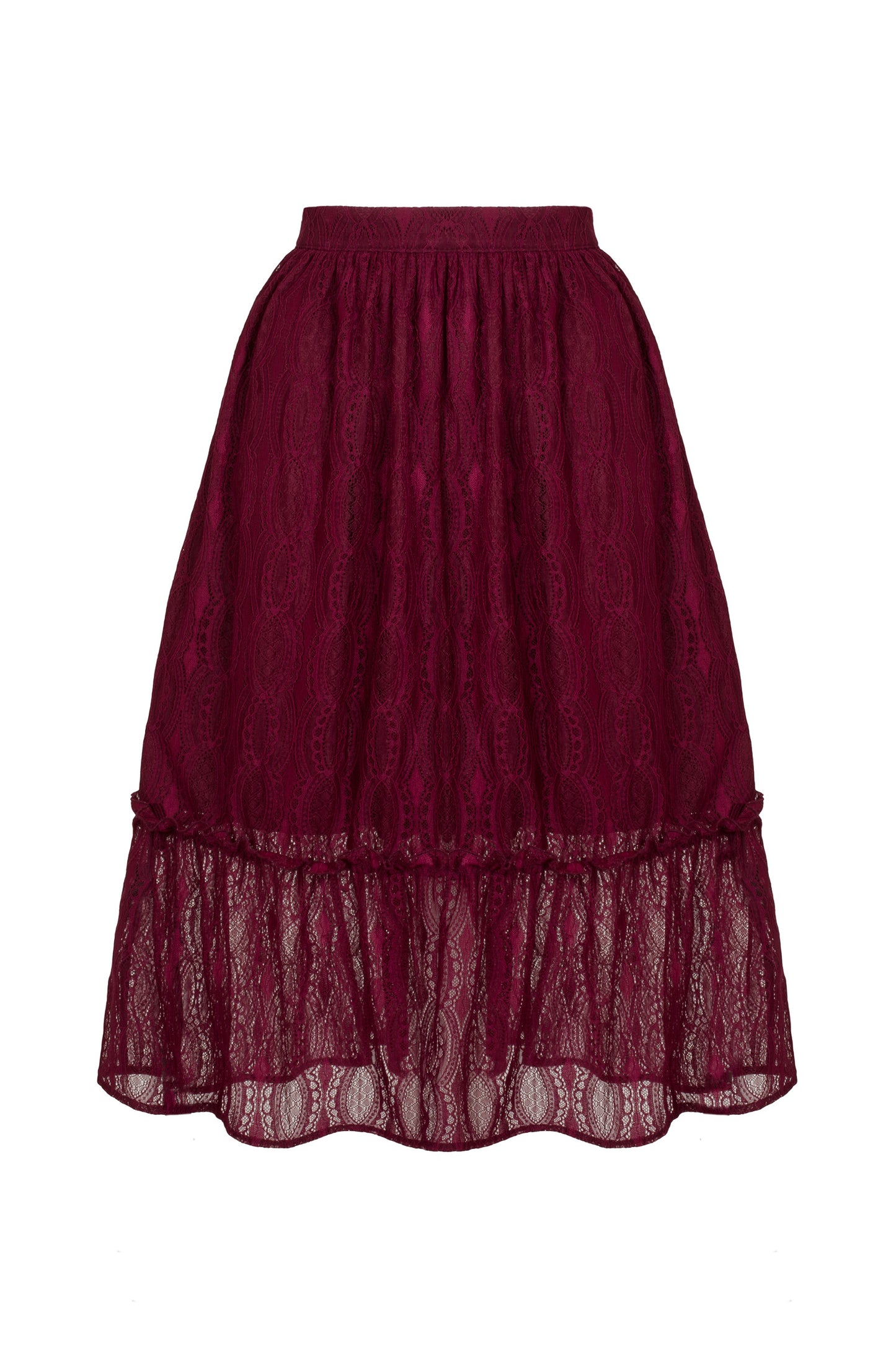 A midi length burgundy lace skirt with a gathered waistline and a frill edging at the hem.