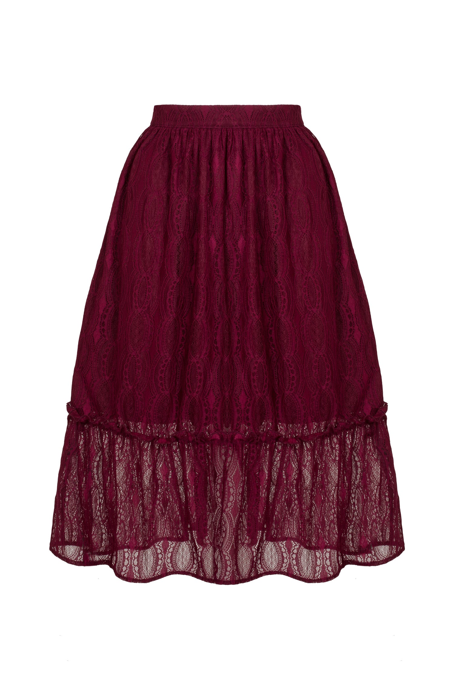 A midi length burgundy lace skirt with a gathered waistline and a frill edging at the hem.
