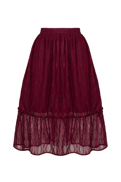 A midi length burgundy lace skirt with a gathered waistline and a frill edging at the hem.
