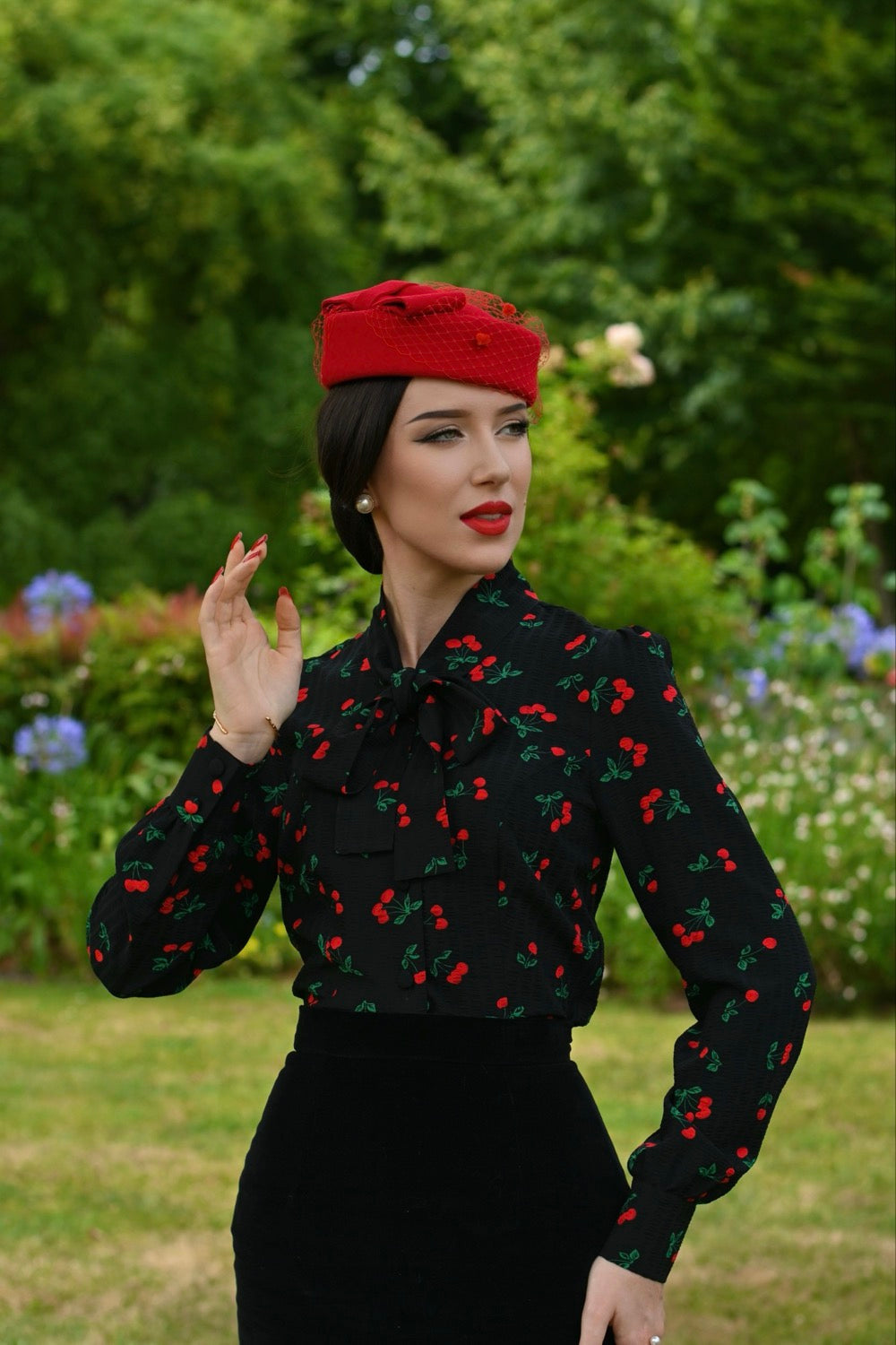 Lena Long Sleeved Cherry Print Blouse by Hearts and Roses