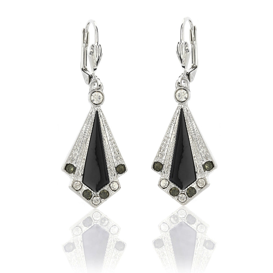 Pair of 1920s-inspired Art Deco earrings by Lovett & Co, featuring a fan-shaped design with black enamel, silver-tone metal, and crystal accents, reflecting the glamour of the flapper era