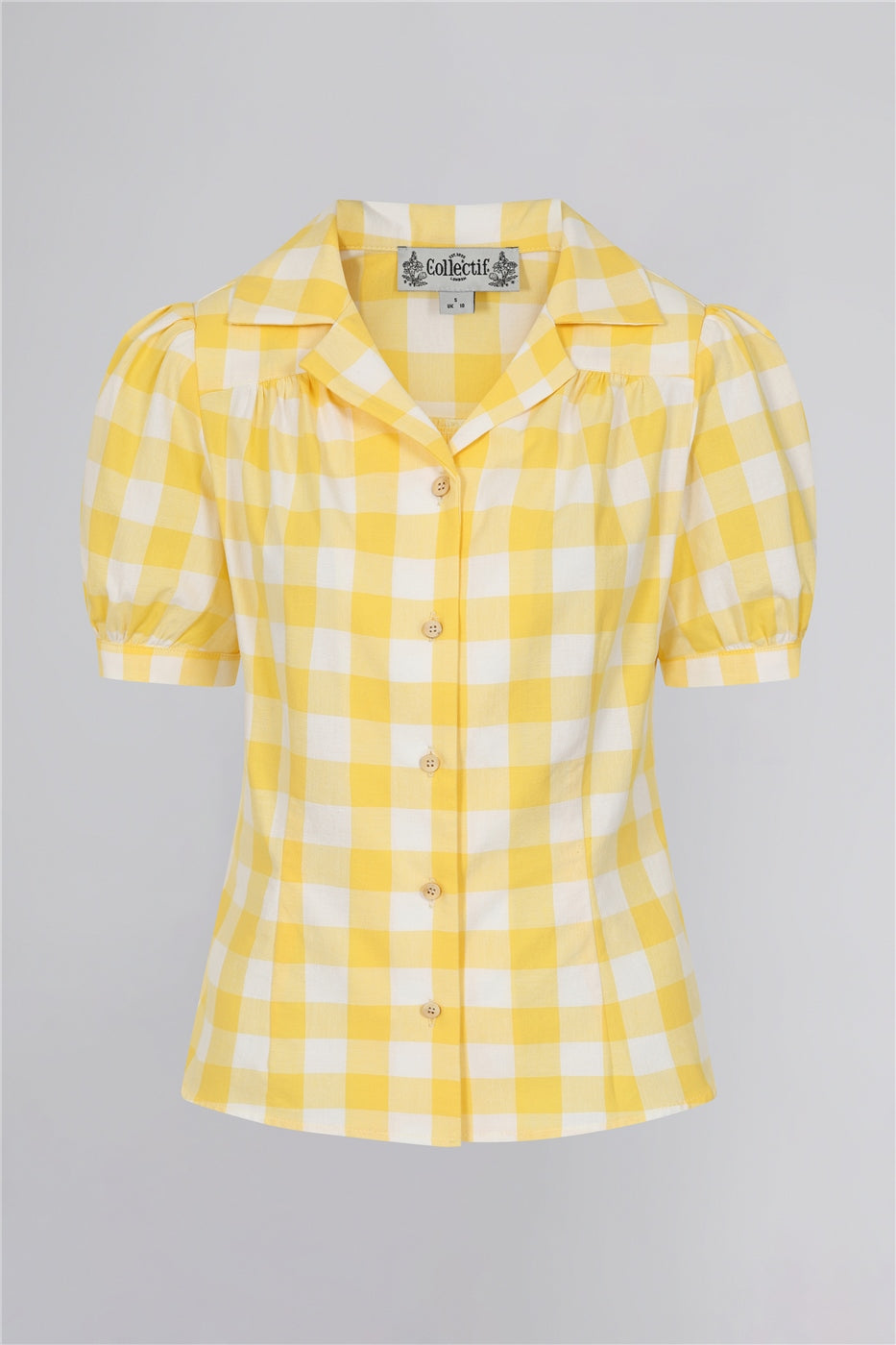 Luana yellow and white gingham shirt by Collectif with short puffed sleeves and button up front.