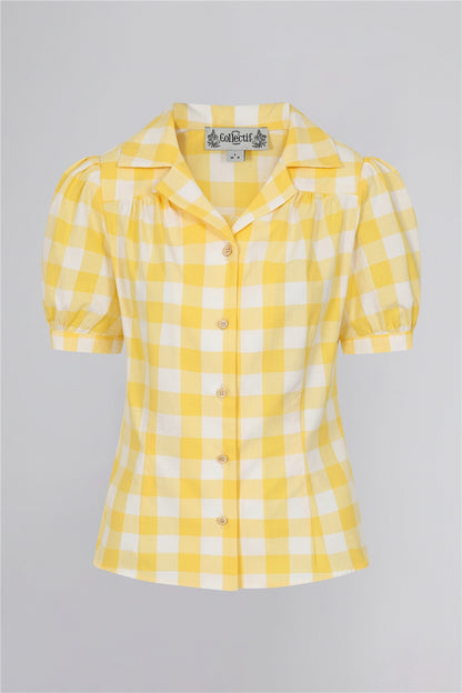 Luana yellow and white gingham shirt by Collectif with short puffed sleeves and button up front.