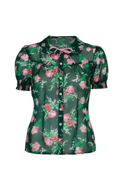 Green floral blouse with pink flowers on a white background