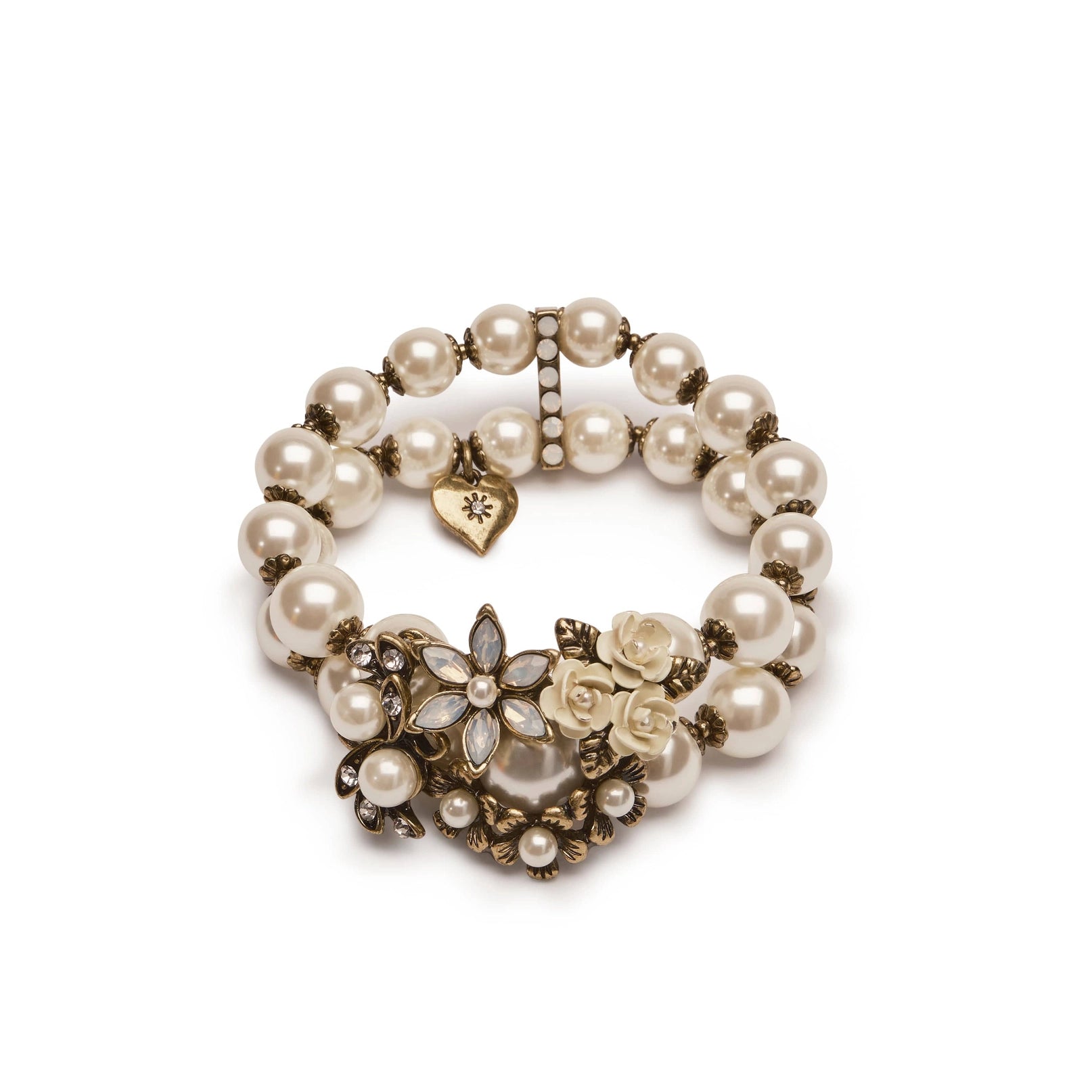 Pearl bracelet with floral and heart designs on a white background