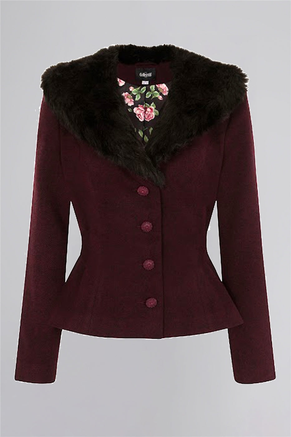 Molly burgundy fitted vintage style jacket with pink rose print lining  on a plain grey background
