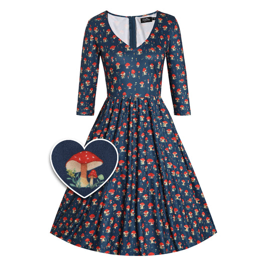 Billie Long Sleeved Dress in Blue & Red Mushroom Print