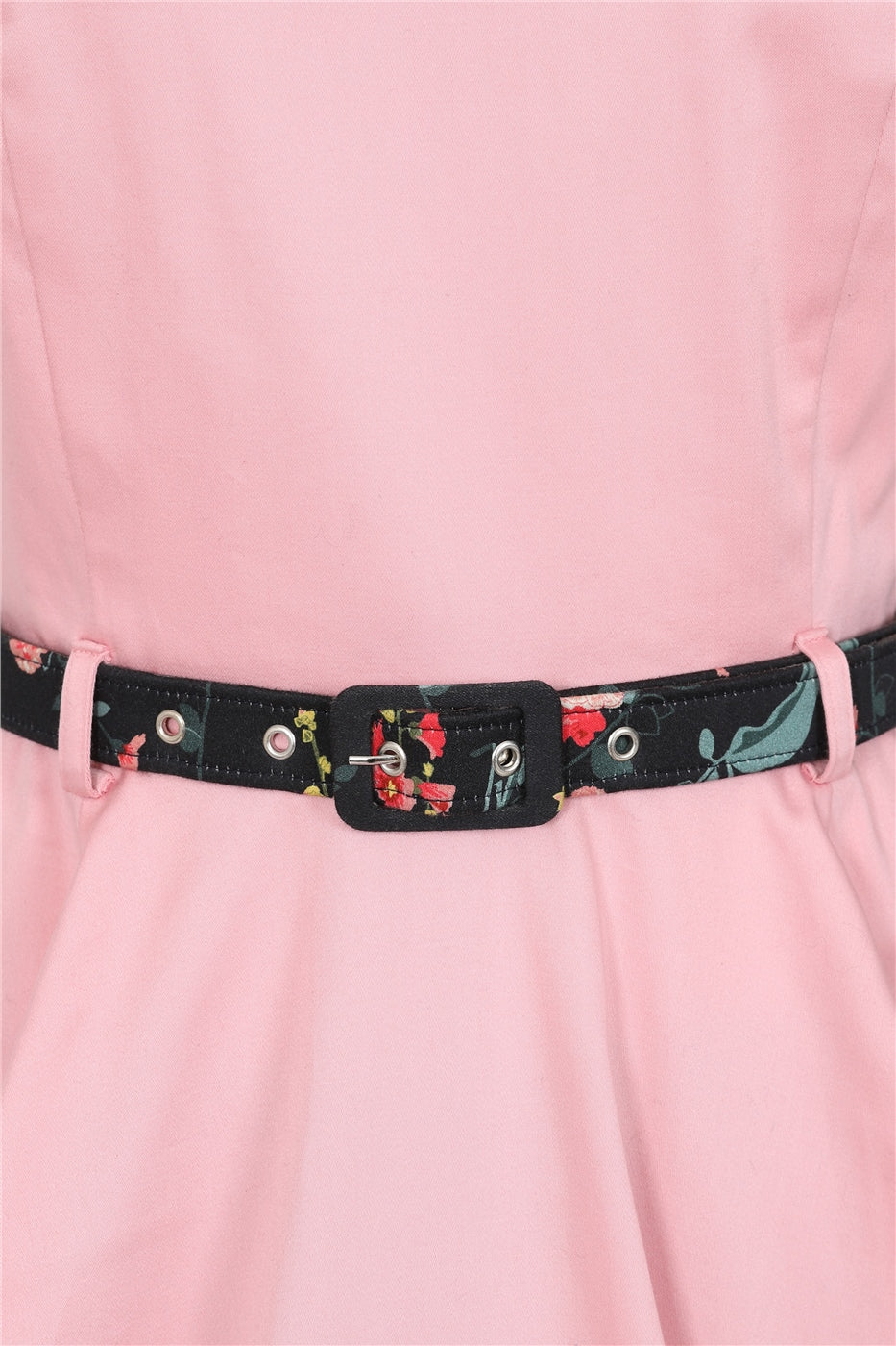 Close up of navy blue floral Hollyhocks print belt on the pink Nova swing 50s dress