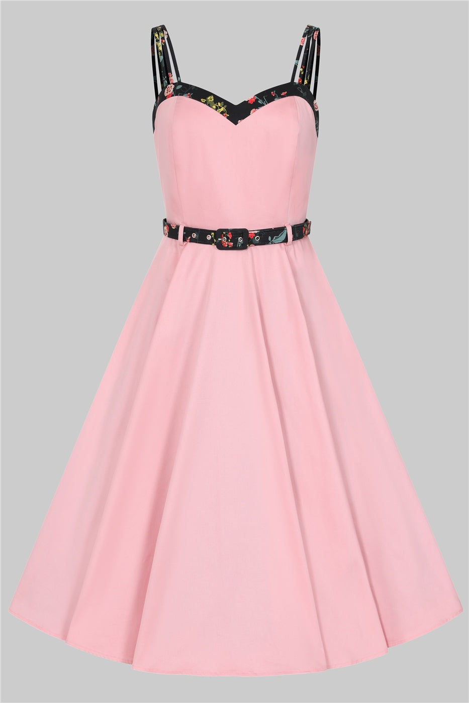 pink mid length Nova dress by Collectif with floral navy blue Hollyhocks print sweetheart neckline, straps and belt to add contrast.