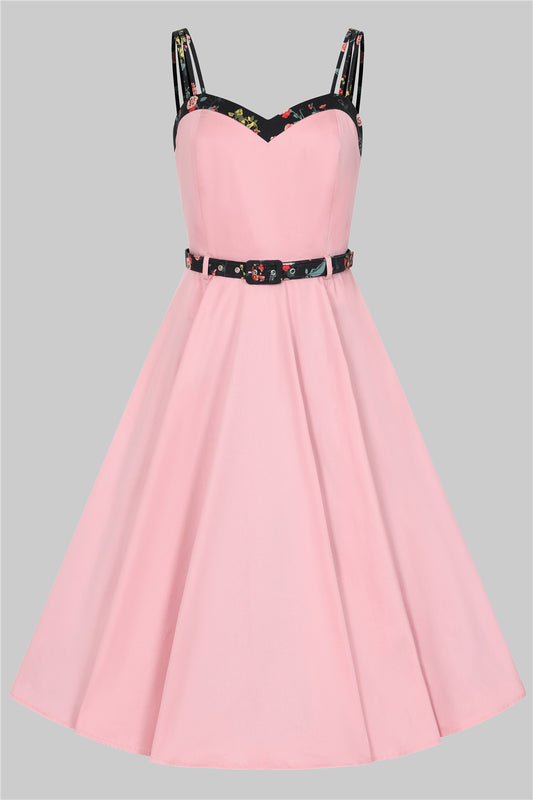 pink mid length Nova dress by Collectif with floral navy blue Hollyhocks print sweetheart neckline, straps and belt to add contrast.