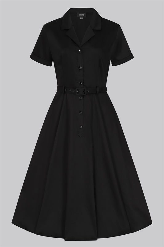 Plain black Caterina 50s style shirt dress by Collectif featuring short sleeves, button front, flared skirt and matching belt