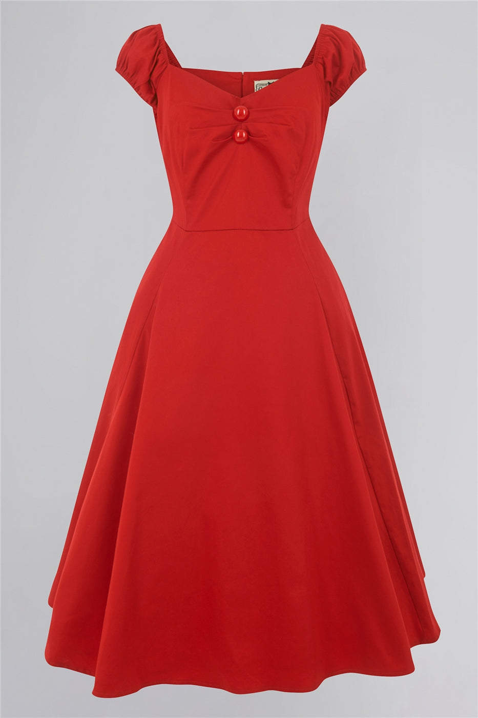 red classic off the shoulder mid length doll dress 